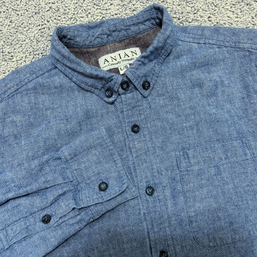 Anian Shirt Chambray Button Down Long Sleeve Pocket Blue Canada Made Mens Large